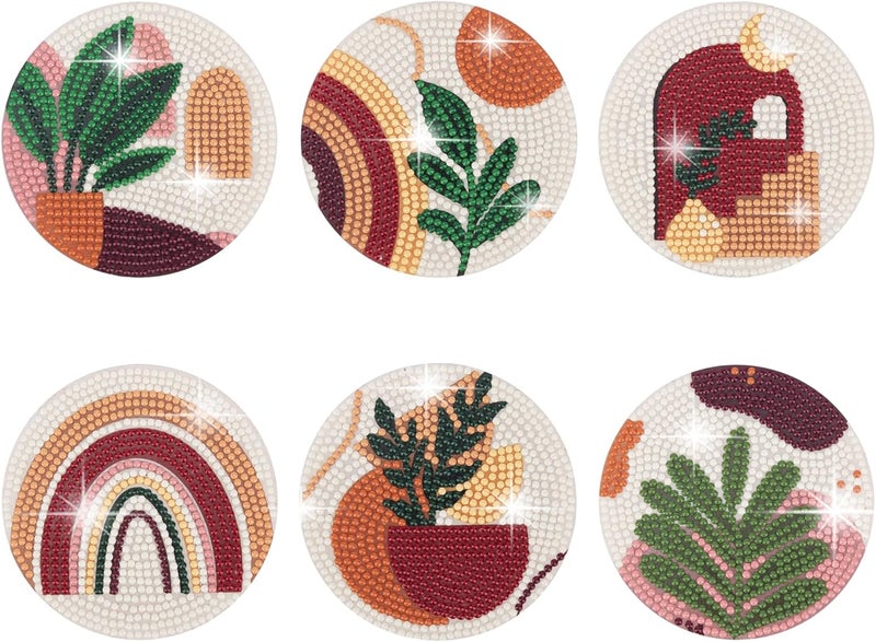 Temlum 6 Pcs Diamond Painting Coasters Kit, Abstract Plant Diamond Art Coasters for Beginners, Adults Small Diamond Painting Kit Art Craft Supplies - Image 1
